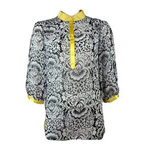 Susan Graver Style Womens Size S Small Black White Printed Blouse Yellow Trim